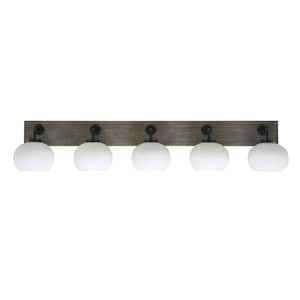 Kirby 47.75 in. 5 Light Black and Painted Wood-look Vanity Light with 7 in. White Muslin Glass Shades No Bulbs Included