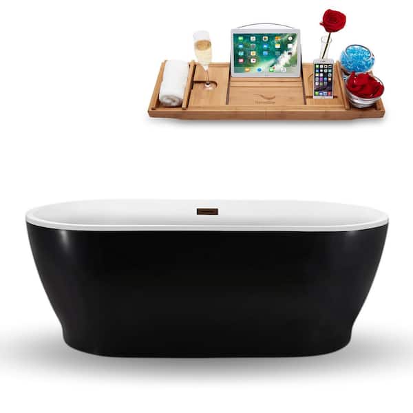 Streamline 67 in. Acrylic Flatbottom Non-Whirlpool Bathtub in Glossy Black with Matte Oil Rubbed Bronze Drain and Overflow Cover