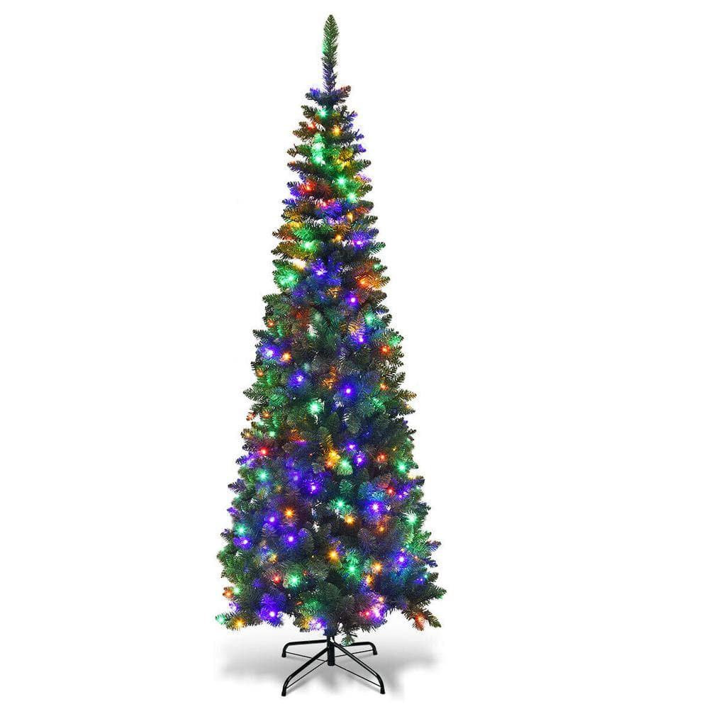 Costway - 6.5ft Pre-Lit Hinged Pencil Christmas Tree 250 Multicolor Lights - Green