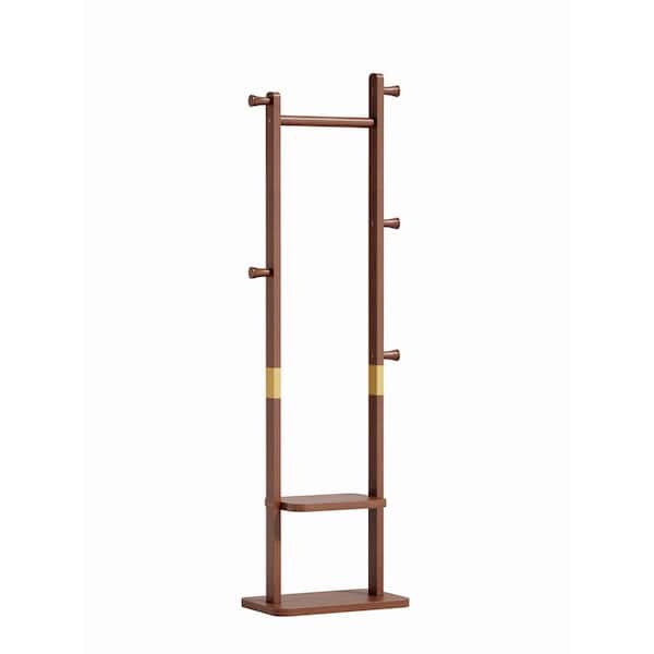 Modern Minimalist Walnut Rubberwood Clothes Rack with Hooks and Shelf (18.9 in. W x 69.63 in. H)