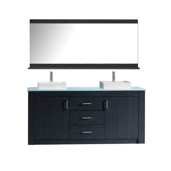 Virtu USA Tavian 60 in. W Bath Vanity in Gray with Glass Vanity Top in Aqua Tempered Glass with Square Basin and Mirror