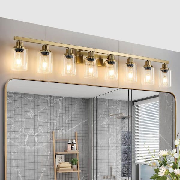 Modern 51.2 in. 8-Light Golden Bathroom Vanity Light w/ Clear Glass Shades, Iron Bathroom Wall Sconce Fixture for Mirror