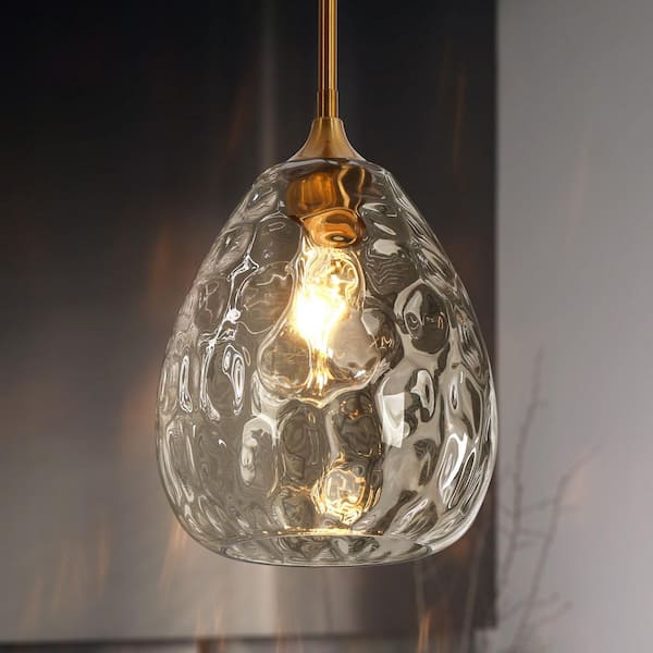 Classic 1-Light Brass Pendant Light Modern Kitchen Island Dining Room Chandelier with Clear Water Wave Glass Globe