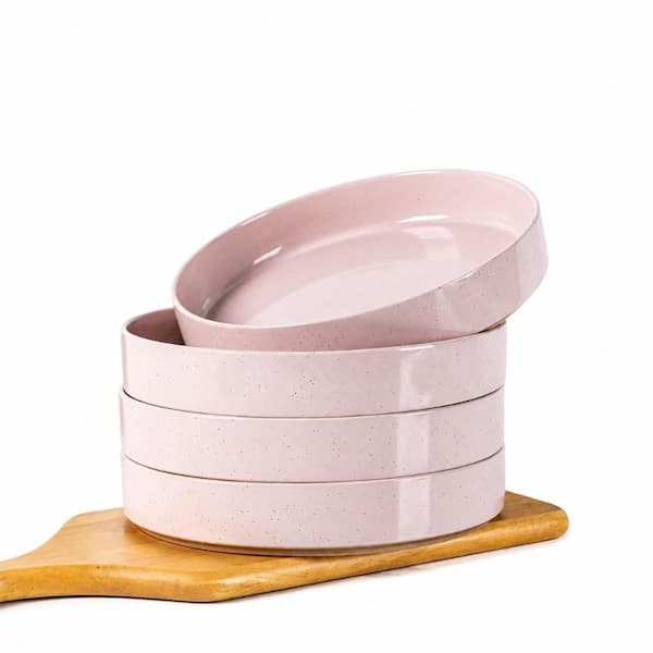 9.0-Inch Large Ceramic Pasta Bowls, 32oz Stoneware Set of 4 with Speckled Pink Finish and Terracotta Base