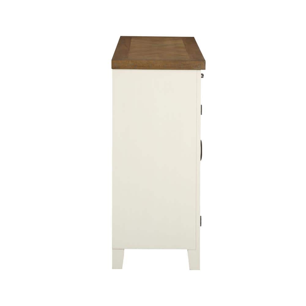 Side view of a white buffet server with a walnut brown wood top.