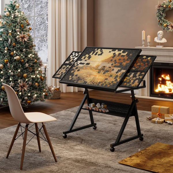 Unbranded 35.43 in. Black Wood Adjustable Drafting Table Drawing Desk 1500-Piece Jigsaw Puzzle Table with 4-Drawers Wooden Cover