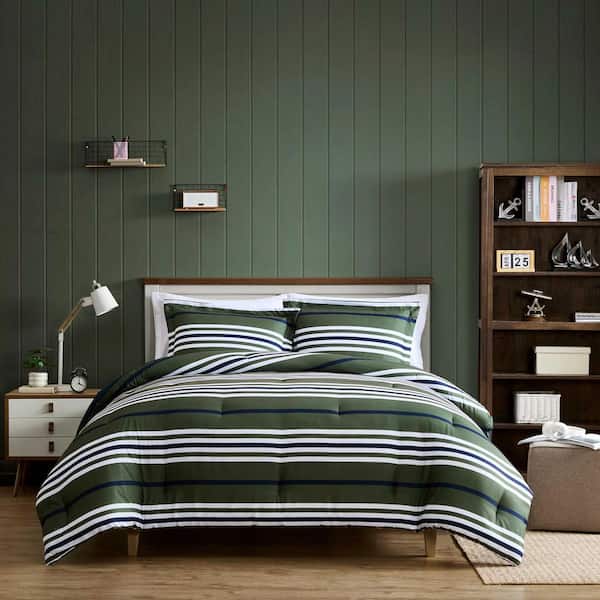 Uphaul Stripe Reversible Solid 3-Piece Green Microfiber Full/Queen Comforter Set