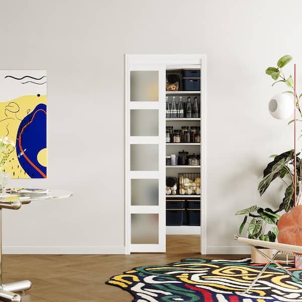 28 in. x 80 in. 5-Panel Frosted Glass, Can Be Painted, White MDF Wood Unfinished Pocket Door Frame with All Hardware