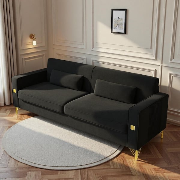 Ulema 85.63 in. W Square Arms Velvet Rectangle Sofa in Black with Gold Accents, Modern 3-Seat Couch with Plush Cushions