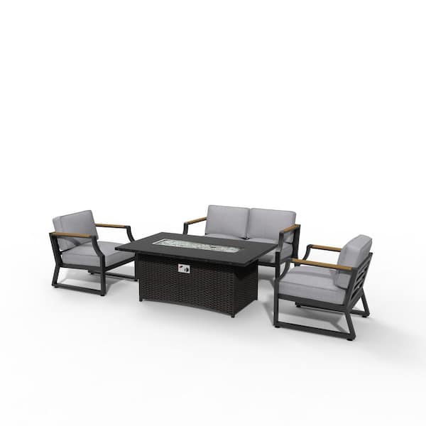 moda furnishings Sera Black 4-Piece Wicker Patio Fire Pit Conversation Set with Gray Cushions