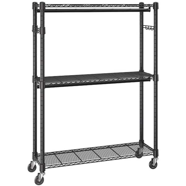 Heavy Duty Clothes Rack, Rolling Clothing Garment Rack with 3-Storage Tiers, 2-Rods, 2-Pairs Side Hooks, 400 lbs. Black