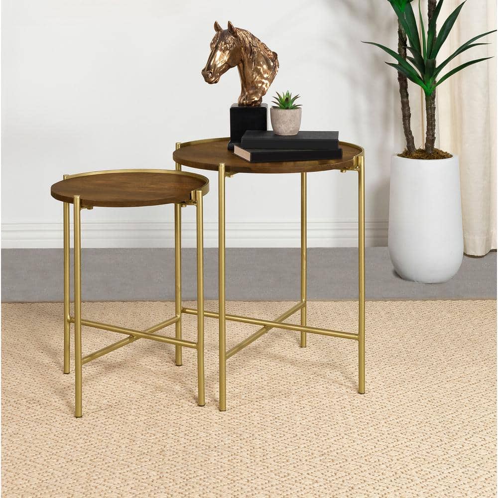 Round Dark Brown and Gold Wood Metal Nesting Tables