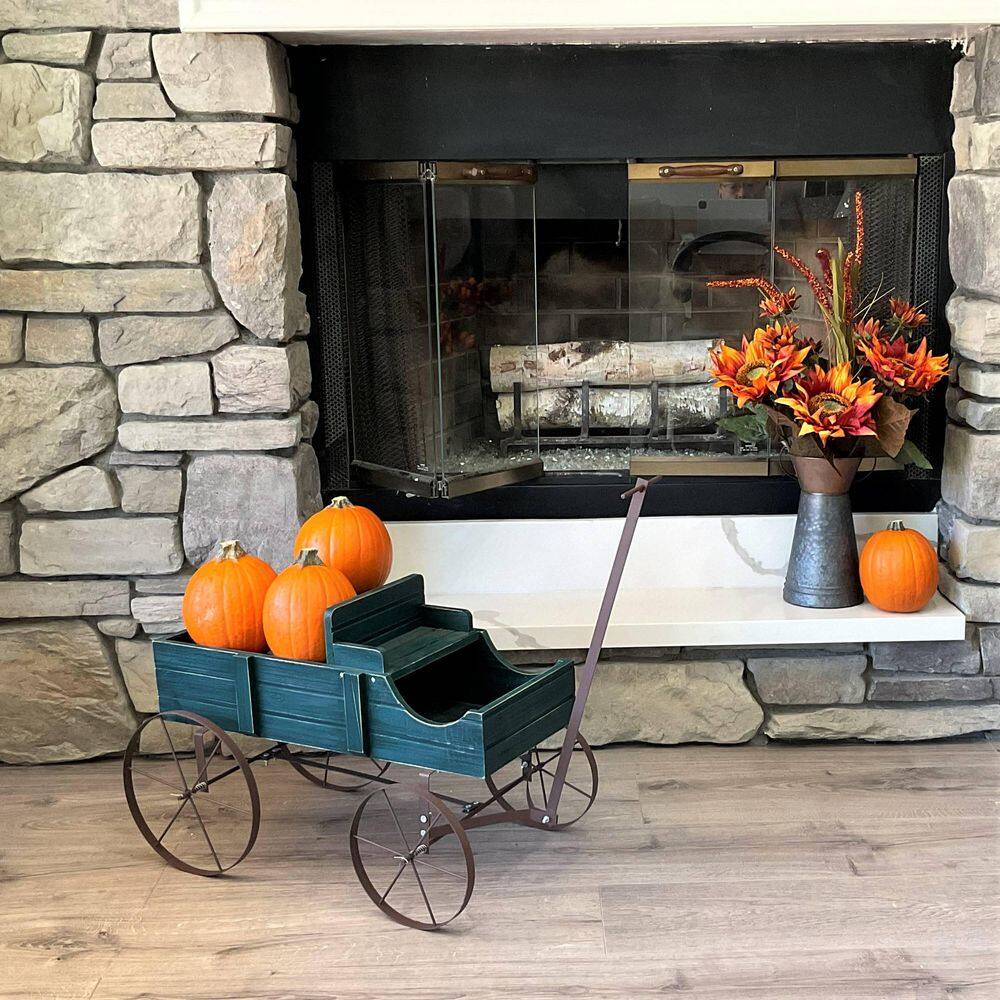 Green Cedar Wood Decorative Wagon Planter for Outdoor Plants