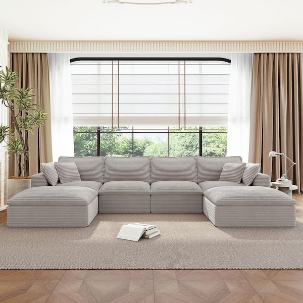 142 in. Corduroy Fully Compressed Modular Sectional Sofa in Light Gray