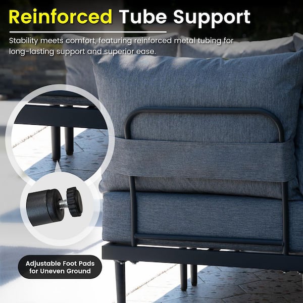 9 Piece Metal Outdoor Patio Conversation Set with Coffee Table, Grey Cushions and Grey Frame