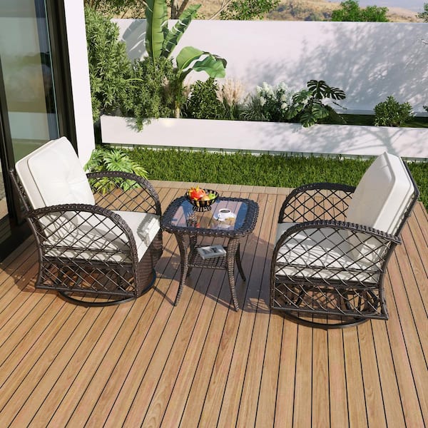 Sudzendf Brown 3-Piece Wicker Outdoor Bistro Set with Beige Cushion, Two Swivel Chairs and a Square Table