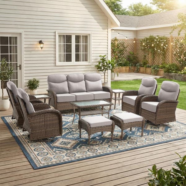 Rivieral Brown 10-Piece Wicker Patio Conversation Set with 6-Inch Beige Cushions, Swivel Glider Chairs & Coffee Table
