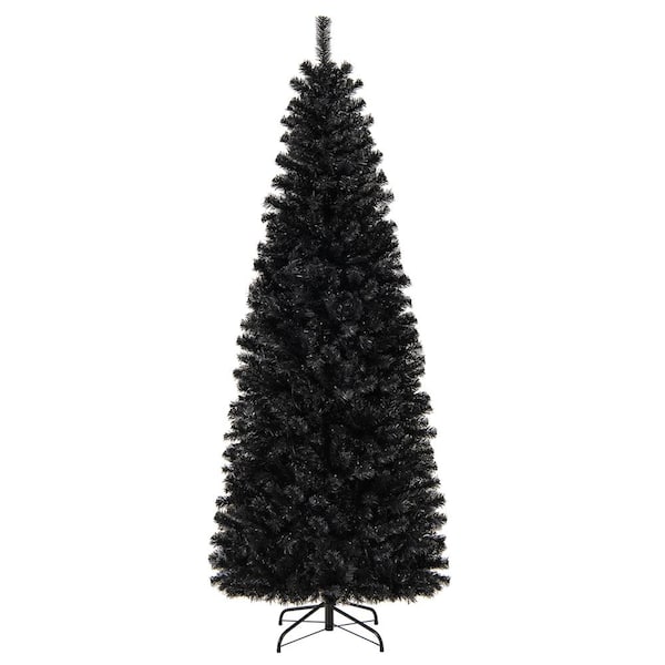 7 ft. Pre-Lit LED PVC Halloween Pencil Artificial Christmas Tree Black with 350 Warm White Lights