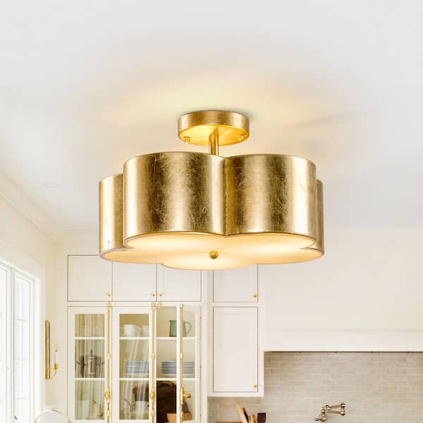 15.35 in. 3-Light Gold Metal Flower Semi Flush Mount Ceiling Light Fixture