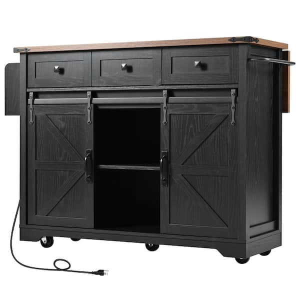 Black Wood 53.8 in. Rolling Kitchen Island with Drop Leaf, Power Outlet, Sliding Barn Door and 3-Drawers