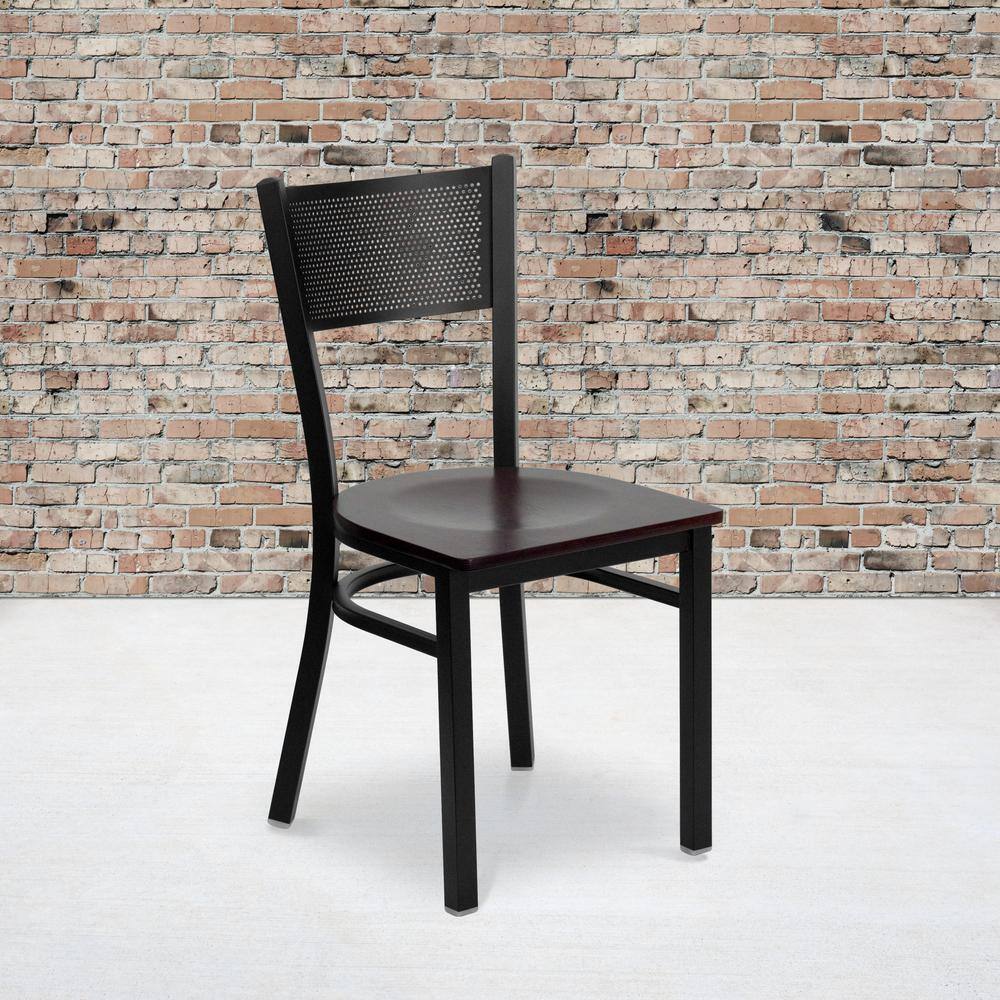 Hercules Series 33'' Black Grid Back Metal Chair with Mahogany Wood Seat