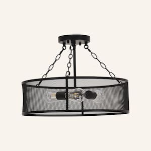 19.7 in. 3-Light Matte Black Drum Farmhouse Semi-Flush Mount with Metal Mesh Cage Shade