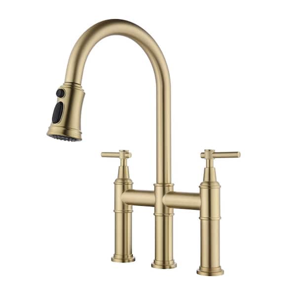 Tahanbath Single Handle Bridge Kitchen Faucet with Pull-Down Sprayhead in Spot in Matte Gold