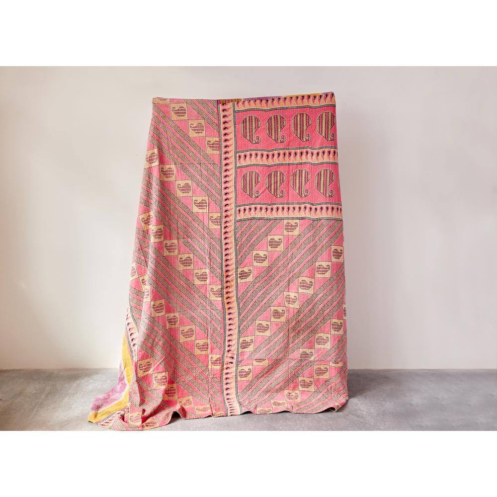 Pink and Beige Cotton Reversible Kantha Quilt Set