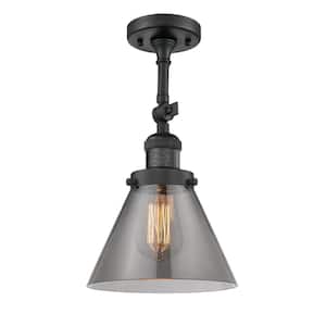 Franklin Restoration Cone 7.75 in. 1-Light Matte Black Semi-Flush Mount with Plated Smoke Glass Shade
