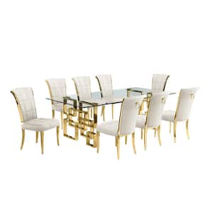 Dominga 9-Piece Rectangular Glass Top Gold Stainless Steel Dining Set with 8 Cream Velvet Fabric Gold Chrome Chair