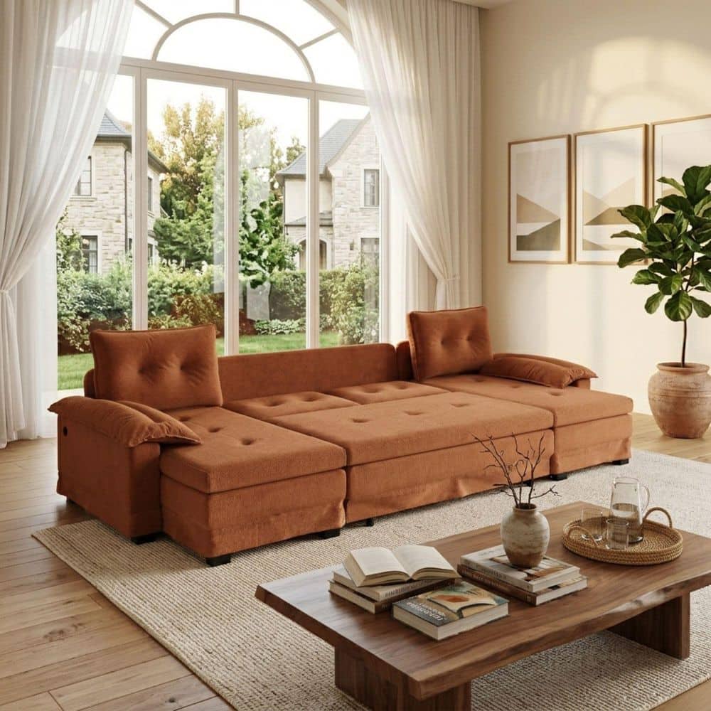 NOAH 109.5 in. Burnt Orange Chenille Sofa Bed in Full Size, with Dual Lounge Seats, Convertible Sofa Bed, and USB Port price history on PriceWatchPro