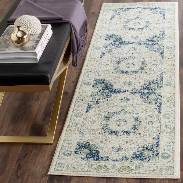 Evoke2 ft. x 15 ft. Ivory/Blue Distressed Border Medallion Runner Rug