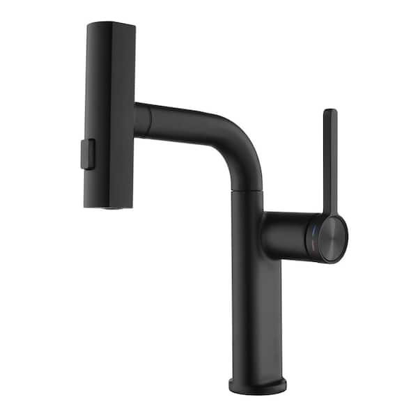 FLG Single Handle Single Hole Bathroom Faucet with Pull Down Sprayer Brass Waterfall 3-Spray Sink Basin Taps in Matte Black