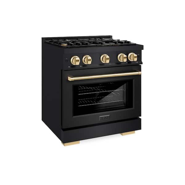 Select 30 in. 4-Burner Gas Range with Gas Convection Oven in Black Stainless Steel and Polished Gold