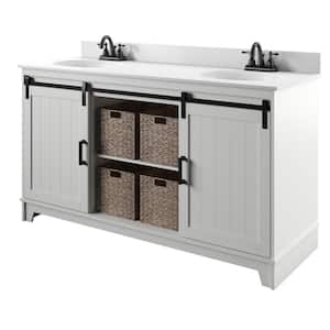 60 in. W x 22 in. D x 37.9 in. H Barn Door Double Bathroom Vanity Side Cabinet in White with White Marble Top
