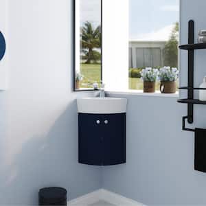 13 in. W Simplicity Floating Wall Mounted Corner Bathroom Vanity Set with Ceramic Sink in Navy Blue