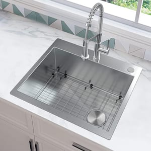 Professional Zero Radius 25 in. Drop-In Single Bowl 16 Gauge Stainless Steel Kitchen Sink with Spring Neck Faucet