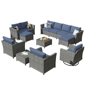 Denali Gray 13-Piece Wicker Patio Conversation Sectional Sofa Set with Demin Blue Cushions and Swivel Rocking Chair
