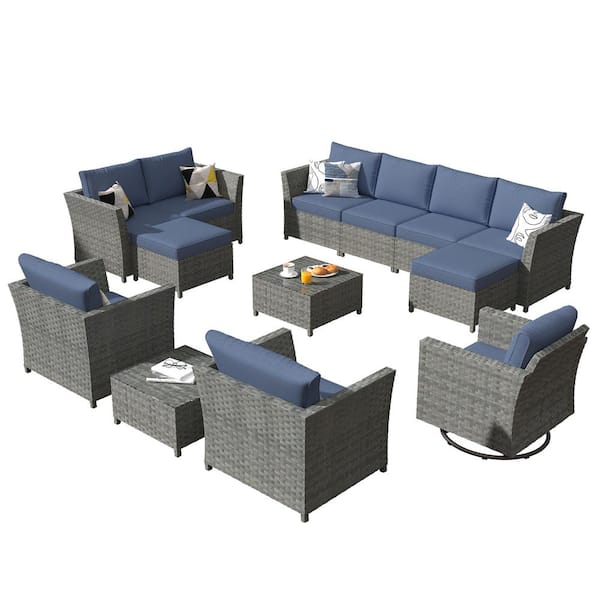XIZZI Denali Gray 13-Piece Wicker Patio Conversation Sectional Sofa Set with Demin Blue Cushions and Swivel Rocking Chair