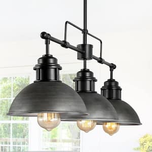 3-Light Industrial Black Dome Island Chandelier Modern Farmhouse Linear Barn Pendant with Rustic Brushed Gray Shades
