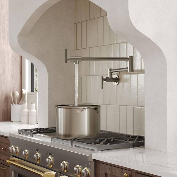 25 in. Wall-Mount Pot Filler Faucet with Dual Swing Arms in Brushed Nickel