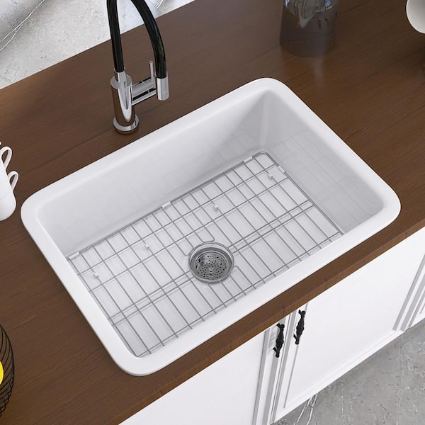 Zeafive Arco 27 in. White Kitchen Sink Drop-In / Undermount Dual Mount Single Bowl Farm Sink Fireclay Small RV Prep Sink