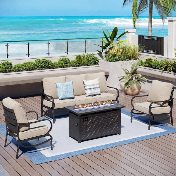 PHI VILLA Black 4-Piece Metal Slatted 5 Seat Steel Outdoor Patio Conversation Set with Beige Cushions, Rectangular Fire Pit Table