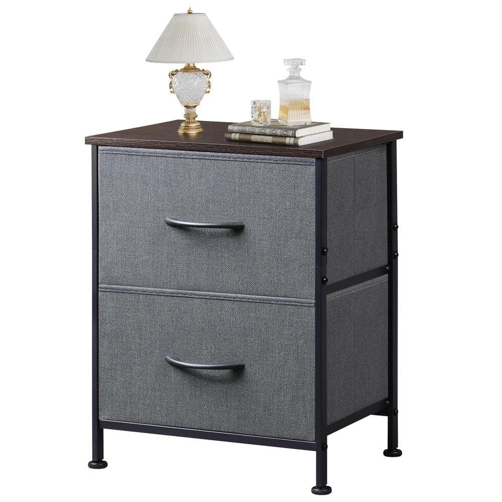Dark brown nightstand with two drawers and metal frame.
