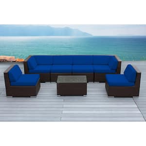 Ohana Dark Brown 7-Piece Wicker Patio Seating Set with Sunbrella Pacific Blue Cushions