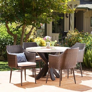Nyla Multi-Brown and White 5-Piece Faux Rattan Outdoor Dining Set with Beige Cushions