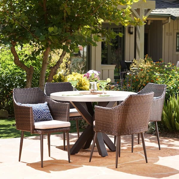 Noble House Nyla Multi-Brown and White 5-Piece Faux Rattan Outdoor Dining Set with Beige Cushions
