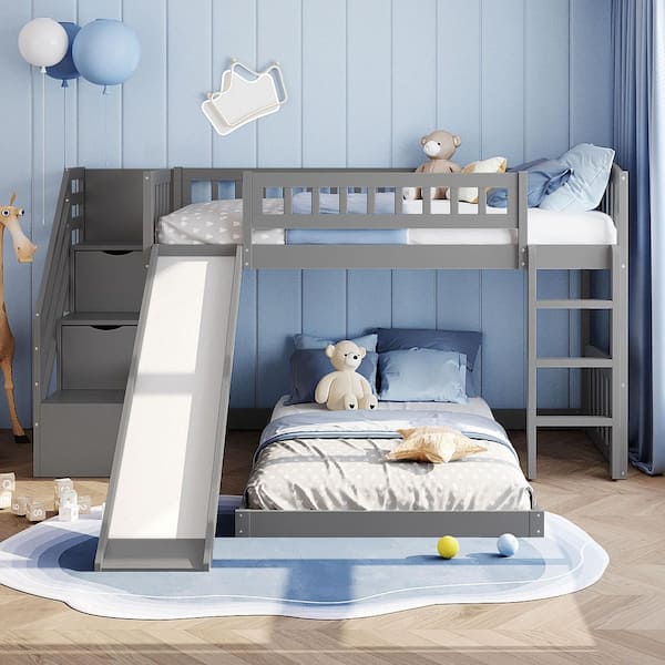 Harper & Bright Designs Gray Twin over Twin Wood Bunk Bed with Storage Staircases, Slide, and Ladder