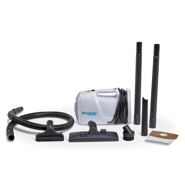 Simplicity Sport Series Bagged, 25' Corded Electrostatic Filter MultiSurface, White Canister Vacuum, with Tools & Strap