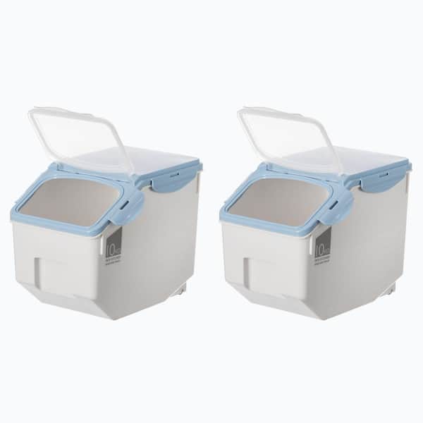 Basicwise White Plastic Storage Food Holder Containers with a Measuring Cup and Wheels, Medium (Set of 2)